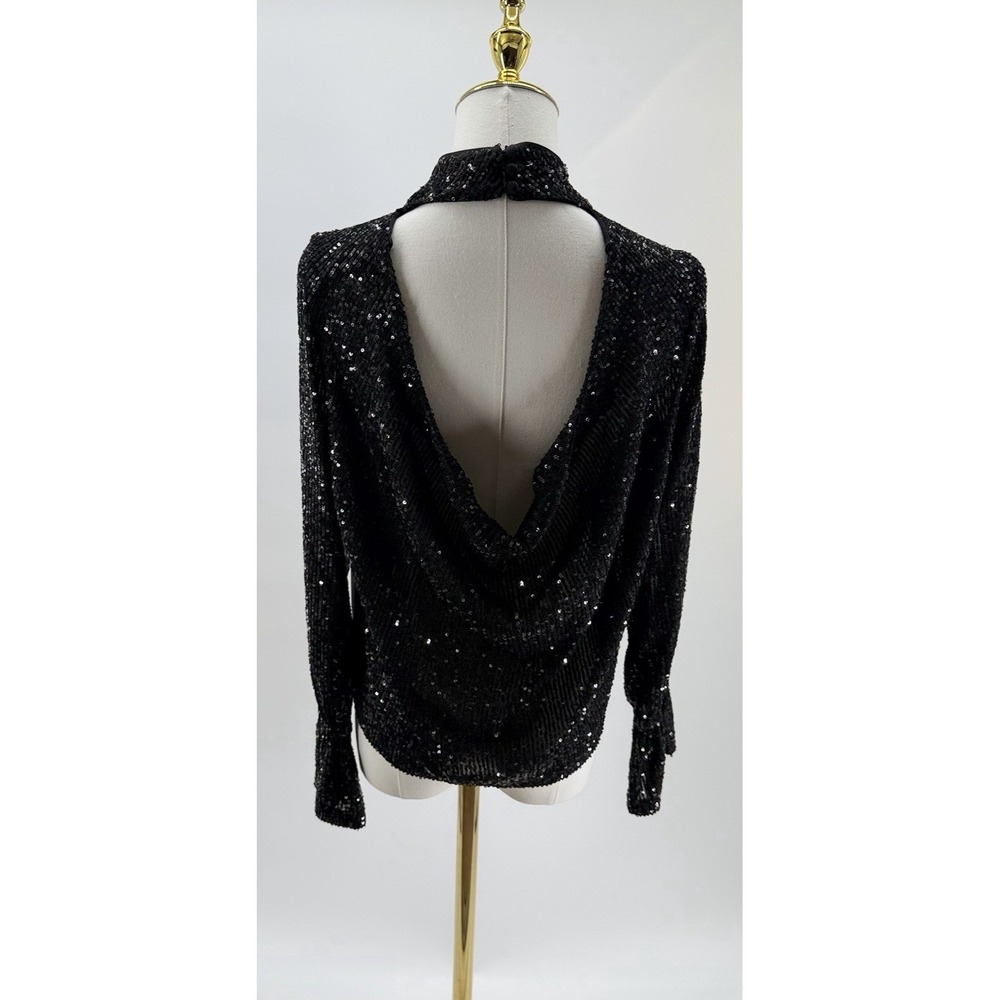1.State Women's Black Sheer Long Sleeve Deep Plunge Back Shirt Blouse Small S